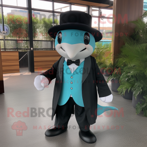 Cyan Killer Whale mascot costume character dressed with a Blazer and Caps