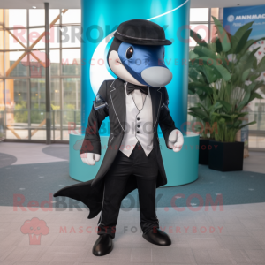 Cyan Killer Whale mascot costume character dressed with a Blazer and Caps