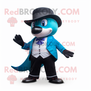 Cyan Killer Whale mascot costume character dressed with a Blazer and Caps