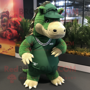 Forest Green Ankylosaurus mascot costume character dressed with a Polo Shirt and Headbands