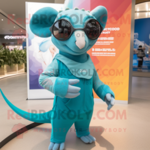 Cyan Armadillo mascot costume character dressed with a One-Piece Swimsuit and Eyeglasses