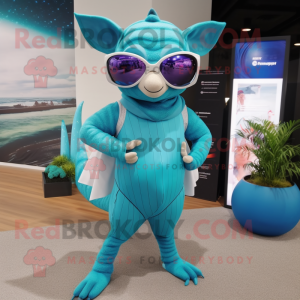 Cyan Armadillo mascot costume character dressed with a One-Piece Swimsuit and Eyeglasses