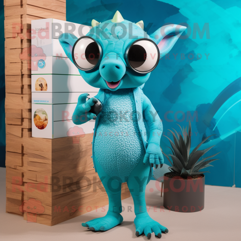 Cyan Armadillo mascot costume character dressed with a One-Piece Swimsuit and Eyeglasses