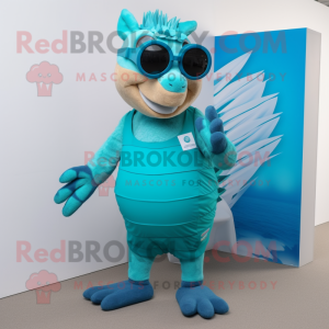Cyan Armadillo mascot costume character dressed with a One-Piece Swimsuit and Eyeglasses