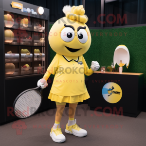 Yellow Tennis Racket mascot costume character dressed with a Pencil Skirt and Lapel pins