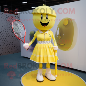 Yellow Tennis Racket mascot costume character dressed with a Pencil Skirt and Lapel pins