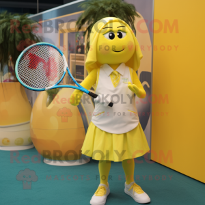 Yellow Tennis Racket mascot costume character dressed with a Pencil Skirt and Lapel pins