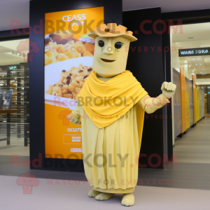 Gold Caesar Salad mascot costume character dressed with a Cocktail Dress and Shawls