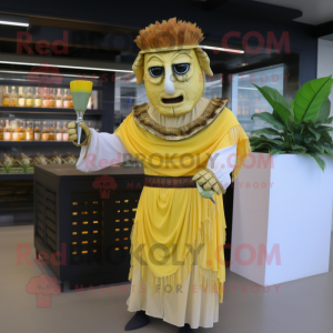 Gold Caesar Salad mascot costume character dressed with a Cocktail Dress and Shawls