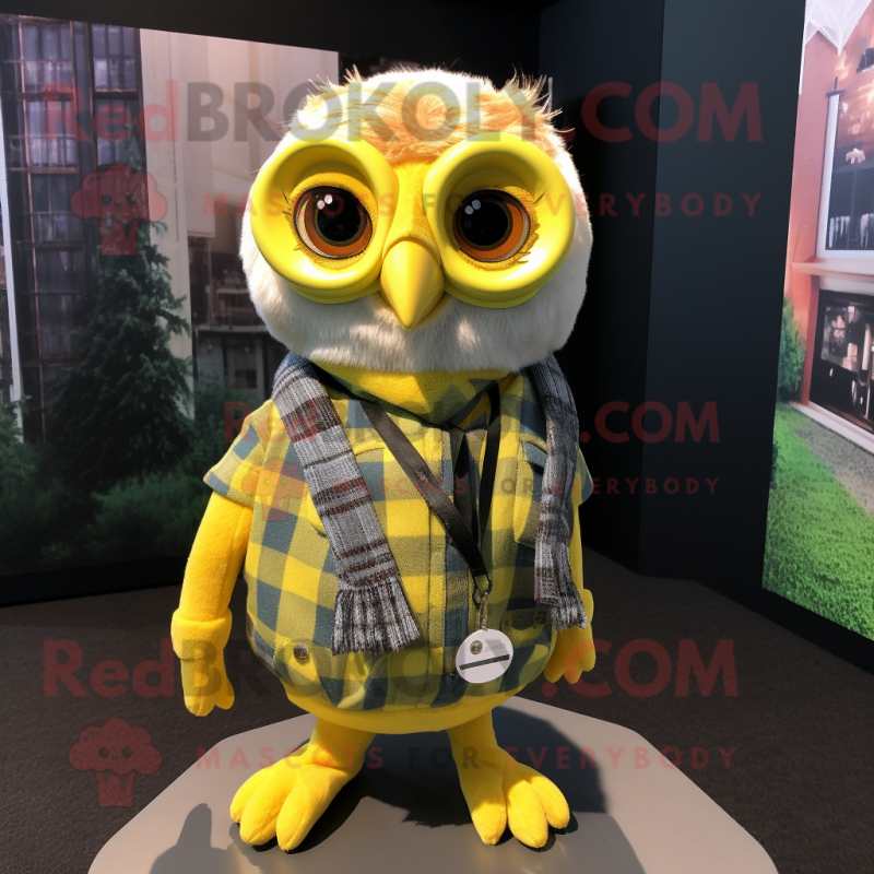 Lemon Yellow Owl mascot costume character dressed with a Flannel Shirt and Necklaces