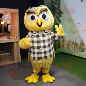 Lemon Yellow Owl mascot costume character dressed with a Flannel Shirt and Necklaces