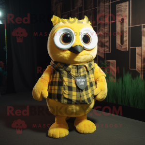 Lemon Yellow Owl mascot costume character dressed with a Flannel Shirt and Necklaces