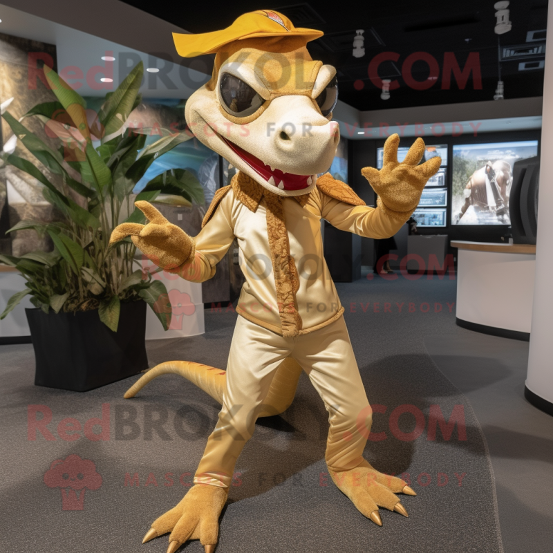 Gold Dimorphodon mascot costume character dressed with a Dress Pants and Headbands