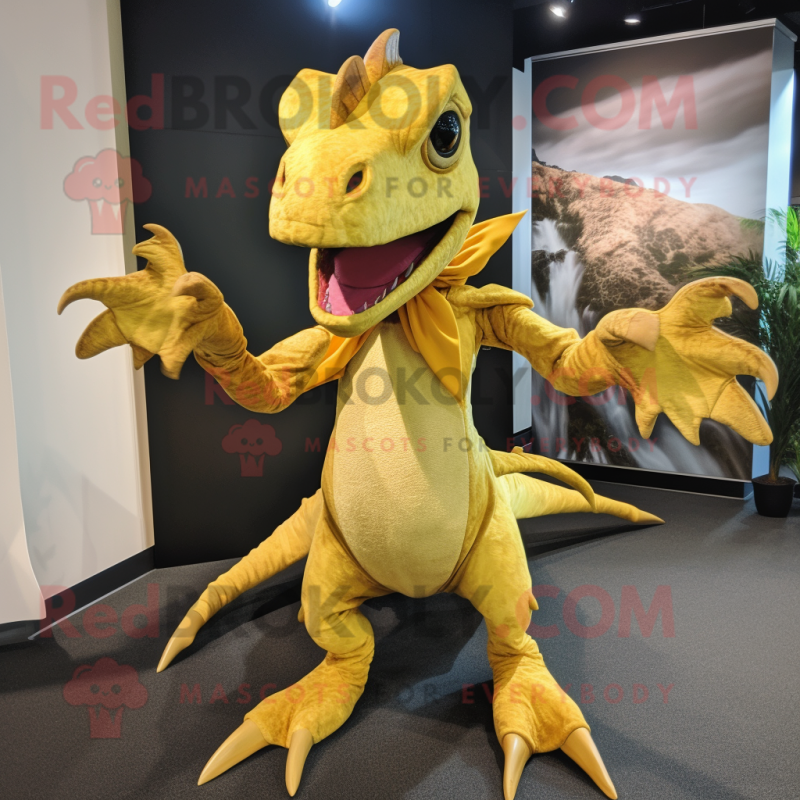 Gold Dimorphodon mascot costume character dressed with a Dress Pants and Headbands Gold Dimorphodon mascot costume character dressed with a Dress Pants and Headbands