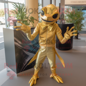Gold Dimorphodon mascot costume character dressed with a Dress Pants and Headbands