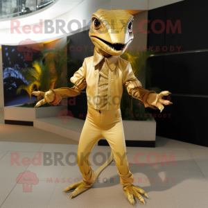 Gold Dimorphodon mascot costume character dressed with a Dress Pants and Headbands
