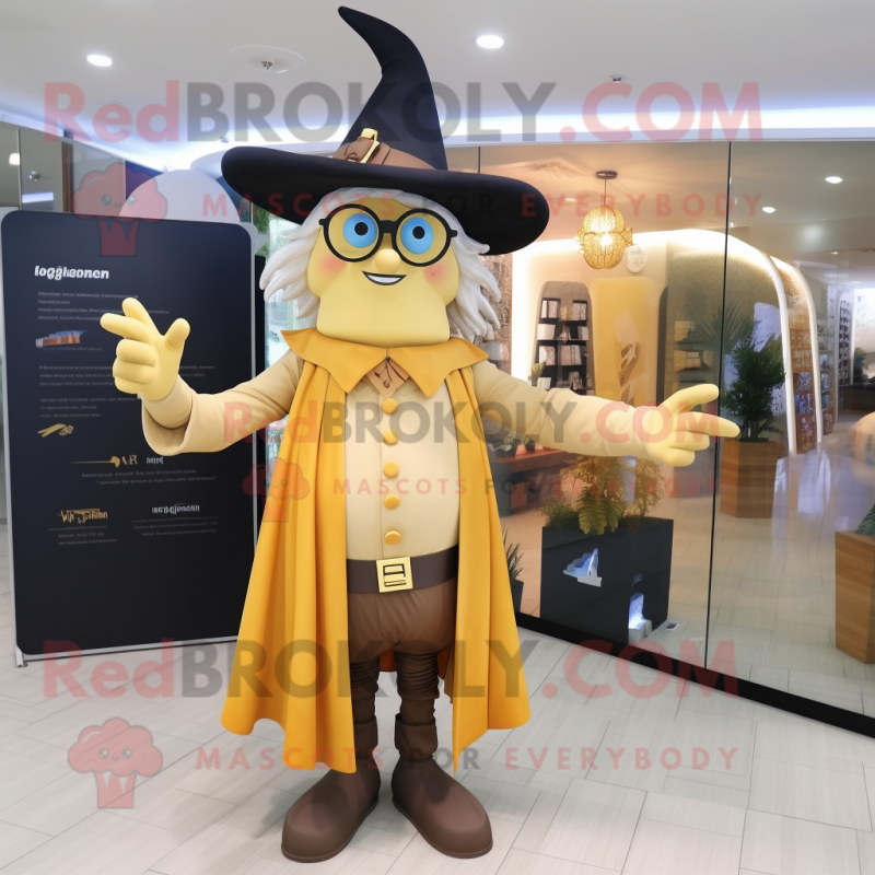 Gold Witch mascot costume character dressed with a Oxford Shirt and Eyeglasses