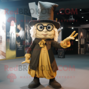 Gold Witch mascot costume character dressed with a Oxford Shirt and Eyeglasses