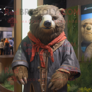 Rust Sloth Bear mascot costume character dressed with a Jacket and Shawls