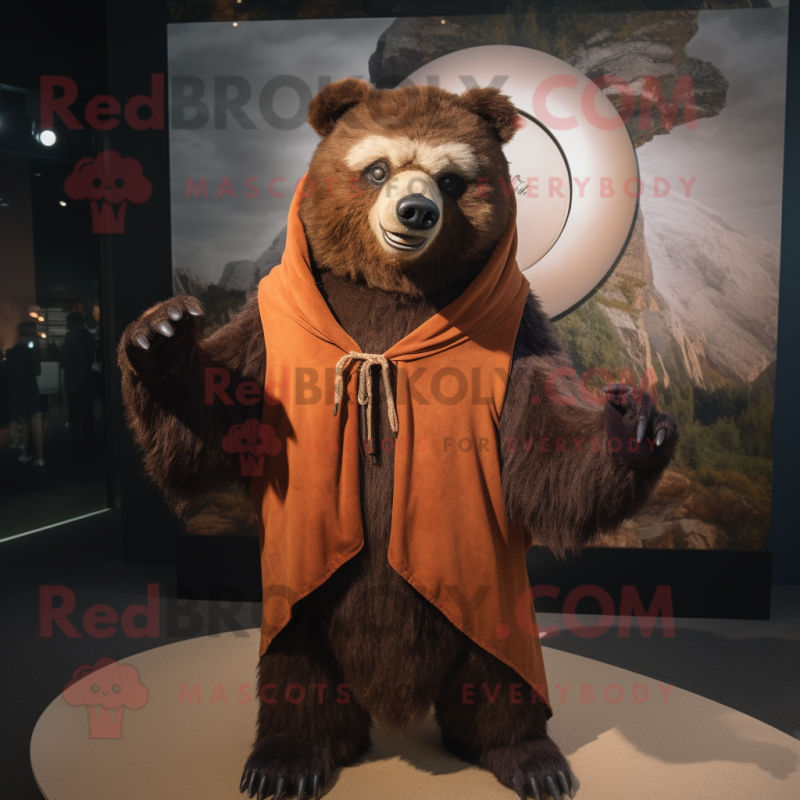 Rust Sloth Bear mascot costume character dressed with a Jacket and Shawls