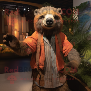 Rust Sloth Bear mascot costume character dressed with a Jacket and Shawls