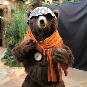 Rust Sloth Bear mascot costume character dressed with a Jacket and Shawls