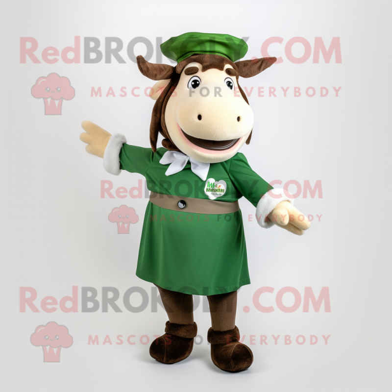 Forest Green Beef Stroganoff mascot costume character dressed with a Blouse and Berets Forest Green Beef Stroganoff mascot costume character dressed with a Blouse and Berets