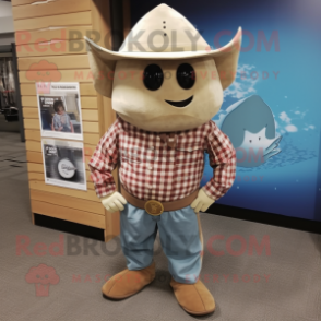Tan Stingray mascot costume character dressed with a Flannel Shirt and Cummerbunds