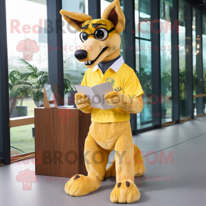 Yellow Dingo mascot costume character dressed with a Boyfriend Jeans and Reading glasses