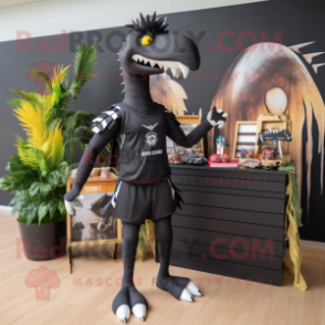 Black Spinosaurus mascot costume character dressed with a Board Shorts and Hairpins