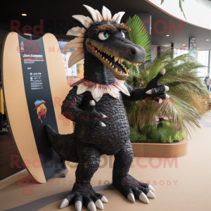 Black Spinosaurus mascot costume character dressed with a Board Shorts and Hairpins