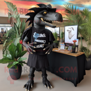 Black Spinosaurus mascot costume character dressed with a Board Shorts and Hairpins