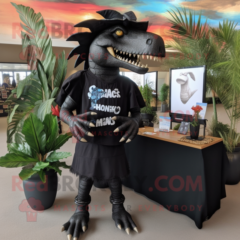 Black Spinosaurus mascot costume character dressed with a Board Shorts and Hairpins Black Spinosaurus mascot costume character dressed with a Board Shorts and Hairpins