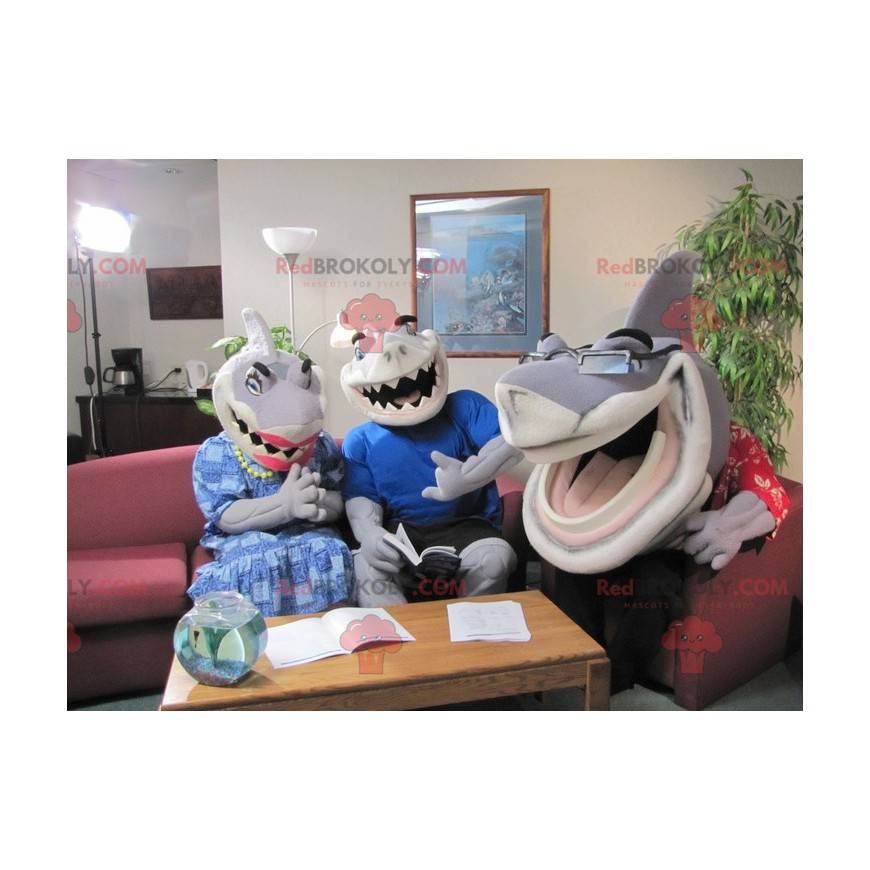 3 mascotas de tiburón gris y blanco muy expresivas y divertidas