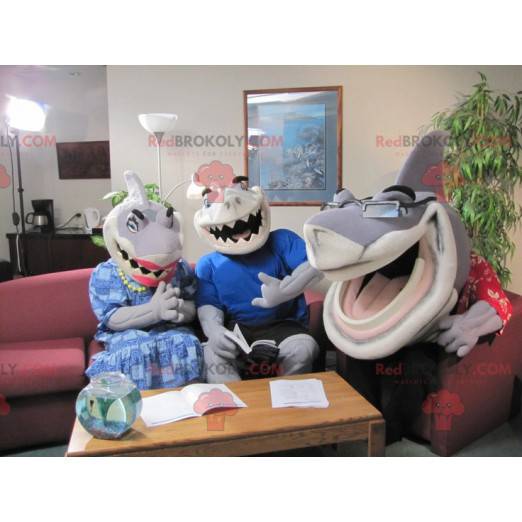 3 very expressive and funny gray and white shark mascots -