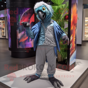 Silver Macaw mascot costume character dressed with a Jeggings and Headbands