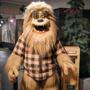 Tan Sasquatch mascot costume character dressed with a Flannel Shirt and Hair clips