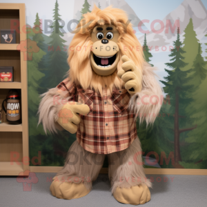 Tan Sasquatch mascot costume character dressed with a Flannel Shirt and Hair clips