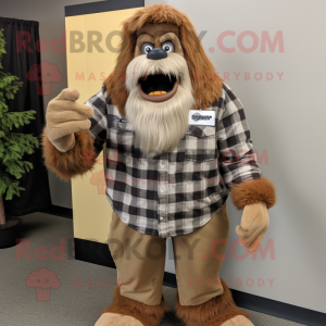 Tan Sasquatch mascot costume character dressed with a Flannel Shirt and Hair clips