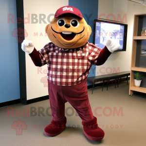 Maroon Baseball Glove mascot costume character dressed with a Flannel Shirt and Ties