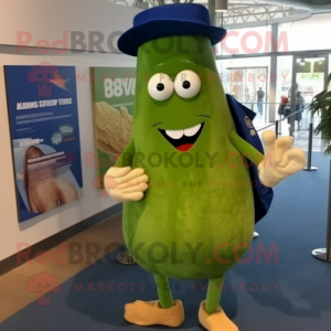 Navy Cucumber mascot costume character dressed with a Denim Shorts and Shoe clips