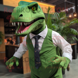 Green T Rex mascot costume character dressed with a Poplin Shirt and Tie pins