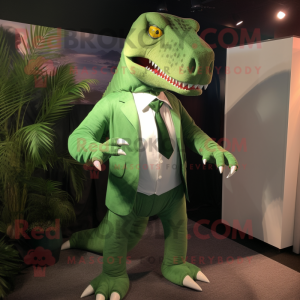 Green T Rex mascot costume character dressed with a Poplin Shirt and Tie pins