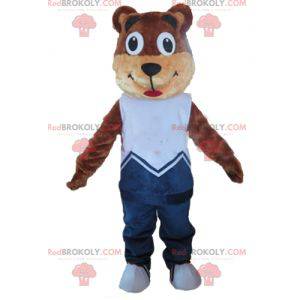 Brown and beige teddy bear mascot in blue outfit -