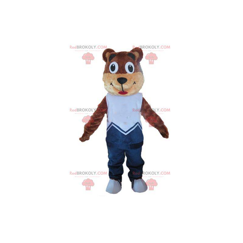 Brown and beige teddy bear mascot in blue outfit -