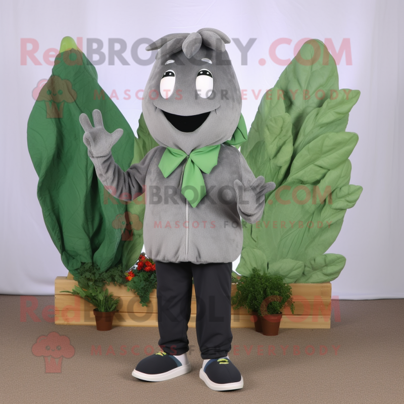 Gray Spinach mascot costume character dressed with a Cardigan and Shoe clips