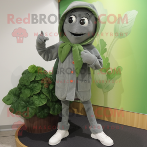 Gray Spinach mascot costume character dressed with a Cardigan and Shoe clips