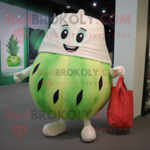 Cream Watermelon mascot costume character dressed with a Dress Pants and Tote bags