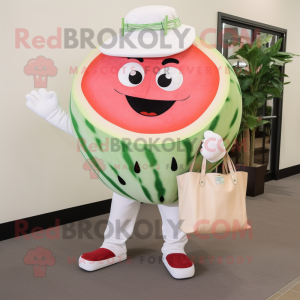 Cream Watermelon mascot costume character dressed with a Dress Pants and Tote bags