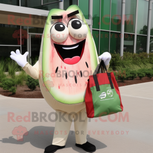 Cream Watermelon mascot costume character dressed with a Dress Pants and Tote bags